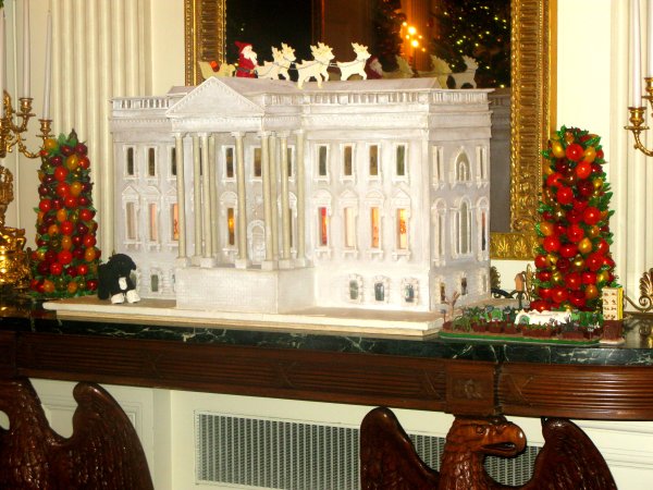 White House gingerbread house. Notice the White House Garden and Bo.Bill said, "We do understand proportion. But everyone loves Bo."